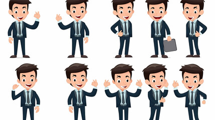 Fototapeta premium Set of businessman character vector design. Presentation in various action with emotions, running, standing and walking. People working in office planning, thinking and economic analysis