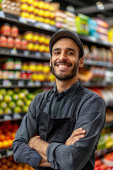Indian supermarket worker wearing an apron and cap standing in the background, shelves with products