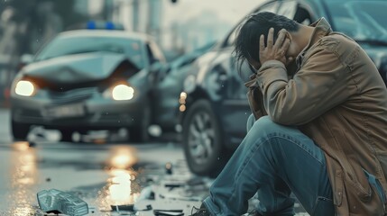 Car accident. Man holding his head in despair.