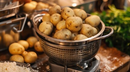 Freshly harvested potatoes in a metal colander. The colander is sitting on a kitchen counter.