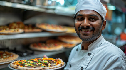 Indian male chef holding pizza in hand