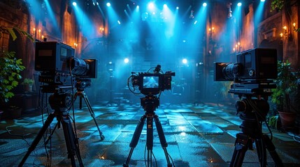 Fototapeta premium Modern television studio with blue lighting