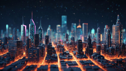3D-rendered voxel cityscape illustration with a modern futuristic design perspective.
