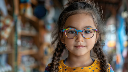 Indian girl wearing colorful glasses in a optician shop