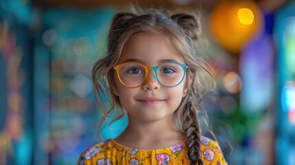 Indian girl wearing colorful glasses in a optician shop