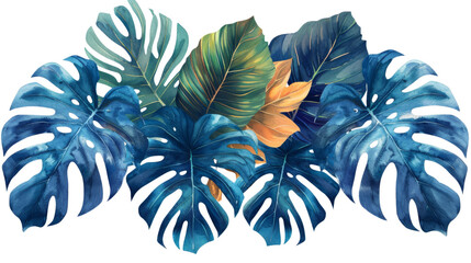 A watercolor painting featuring vibrant tropical leaves on a transparent background