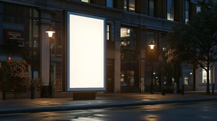 Obraz premium Mockup. Blank white vertical advertising banner billboard stand on the sidewalk at night