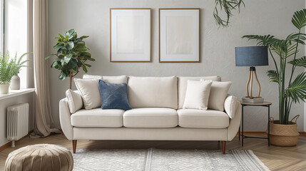 wall art mockup showcasing two blank frames in a modern and cozy room with a white sofa and clean interior