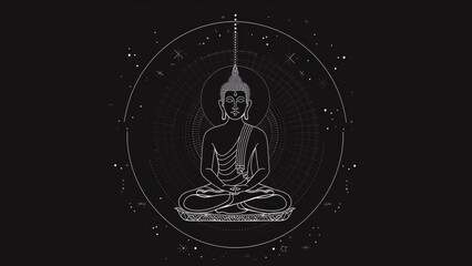 Create a design of Buddha, vector art, minimal, lines and shapes, black background