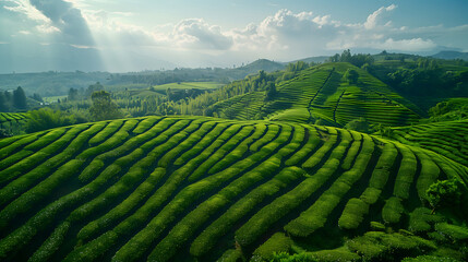 Green trees-covered hillside. Tea plantation