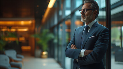 side view of a business man with a white beard and glasses wearing a suit and standing in a modern office interior