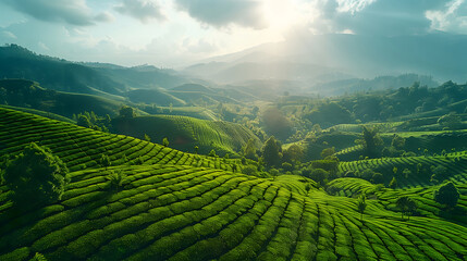 Fototapeta premium Aerial view of lush green tea plantation
