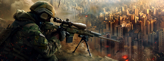 Obraz premium A sniper is aiming his big rifle at the city, and he is waiting for his prey. sniper rifle, target, prey, surveillance, sharpshooter, precision, military, tactical