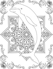 Dolphin on Mandala Coloring Page. Printable Coloring Worksheet for Adults and Kids. Educational Resources for School and Preschool. Mandala Coloring for Adults