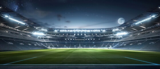 football, soccer, stadium empty at night with lights on in a nice ethereal atmosphere
