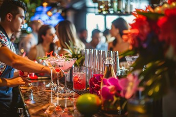 Trendy Evening at a Vibrant Bar: Young Adult Bartenders Crafting Trendy Beverages Including Star Martini, Surrounded by Happy Patrons