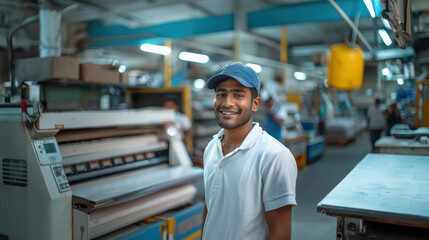 Fototapeta premium Young indian male employee standing at printing press factory