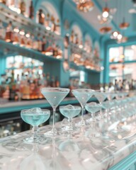 Elegant Evening at a Trendy Bar with Stylish Martini Cocktails Lined Up Ready for Service