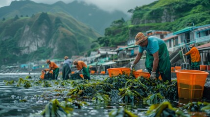 Obraz premium Early Morning Harvest: Local Workers Collecting Ascophyllum Seaweed at a Scenic Coastal Farm
