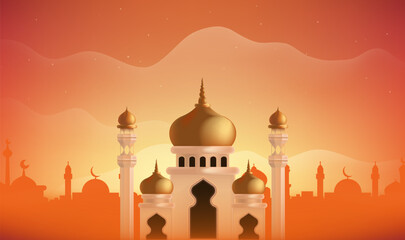 a colorful illustration of a mosque with a city in the background