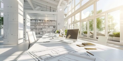 interior architecture office with a bright atmosphere, schematics on the desk