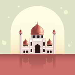 a picture of a mosque with a red background and a reflection of a building in the water