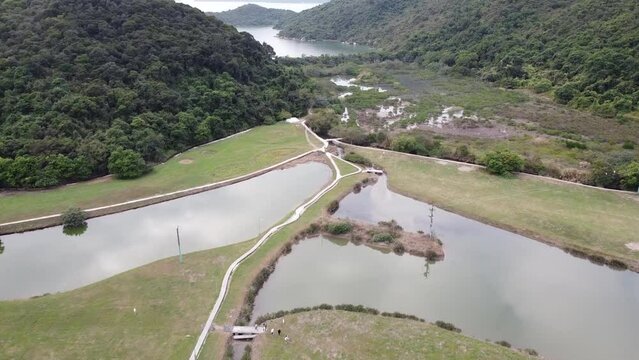 Aerial View of Sham Chung, Hong Kong, from lakes and fields to the coast