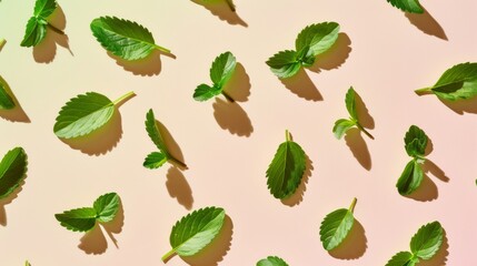 Bright and Cheerful Pattern of Green Stevia Leaf Packets on a Light Beige Background
