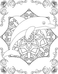 Dolphin on Mandala Coloring Page. Printable Coloring Worksheet for Adults and Kids. Educational Resources for School and Preschool. Mandala Coloring for Adults