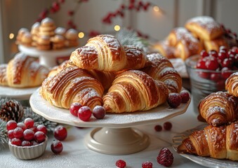 Assortment of croissants and pastries displayed on vintage table