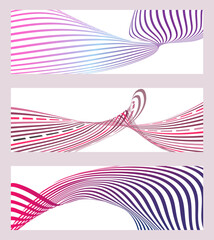 Wavy lines or ribbons. Set of 3 backgrounds. Multicolored striped gradient. Creative unusual background with abstract gradient wave lines to create a trendy banner, poster. vector eps