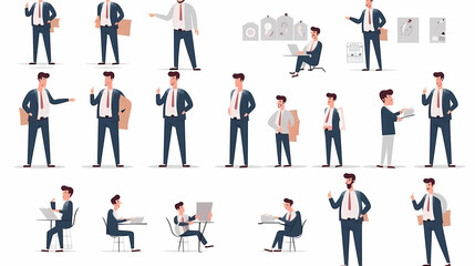 Set of businessman character vector design. Presentation in various action with emotions, running, standing and walking. People working in office planning, thinking and economic analysis