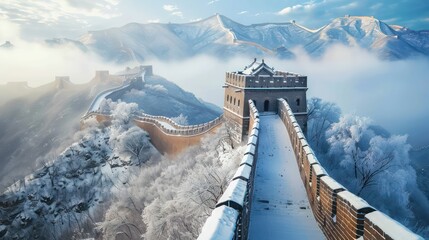 wallpaper of the great wall of china with snow cover
