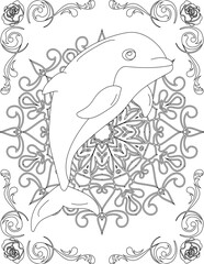 Dolphin on Mandala Coloring Page. Printable Coloring Worksheet for Adults and Kids. Educational Resources for School and Preschool. Mandala Coloring for Adults