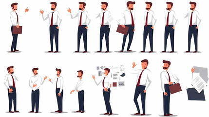 Set of businessman character vector design. Presentation in various action with emotions, running, standing and walking. People working in office planning, thinking and economic analysis