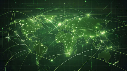 Green digital world map with glowing connections and network lines