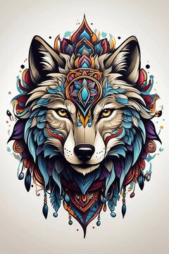 Lone wolf tribal tattoo illustration with ornate geometric mandala