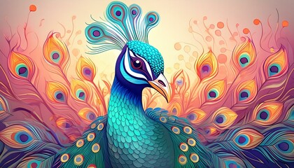 Fototapeta premium A colorful peacock with a proud, elegant smile, displayed against a plain, soft-colored back