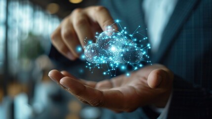 Businessman holding cloud with connected dots representing concept of cloud computing in modern business technology