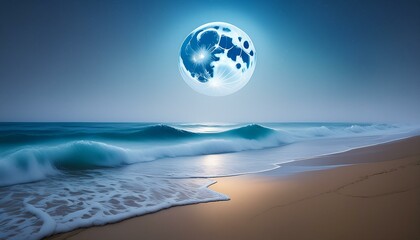 A quiet beach with gentle waves under a full moon, with mist softly blurring the horizon.