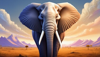 A wise elephant with a gentle, proud smile, standing in front of a calm savannah landscape 