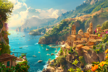 Picturesque View of an Ancient Cliffside City Overlooking a Tranquil Turquoise Sea at Sunset