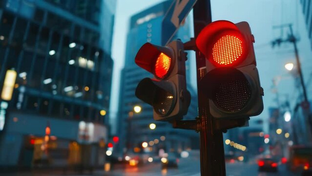 A red traffic light is lit up in a city street. The traffic light is surrounded by tall buildings, and there are cars and trucks on the street. Scene is busy and bustling, with people