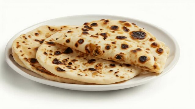 Three pieces of flatbread with burnt edges sit on a white plate