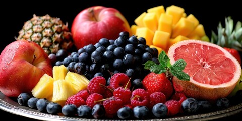Plate filled with various fresh fruits on silver platter