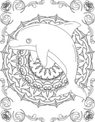 Dolphin on Mandala Coloring Page. Printable Coloring Worksheet for Adults and Kids. Educational Resources for School and Preschool. Mandala Coloring for Adults