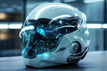 A helmet with a futuristic design, showcasing augmented reality features for enhanced functionality and style