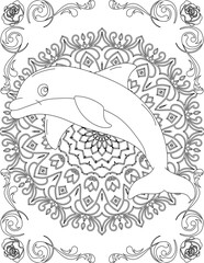 Dolphin on Mandala Coloring Page. Printable Coloring Worksheet for Adults and Kids. Educational Resources for School and Preschool. Mandala Coloring for Adults