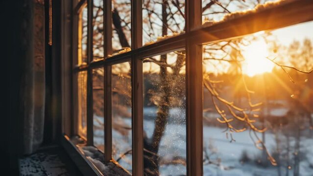 A window with a view of a tree and a lake. The sun is setting and the light is shining through the window