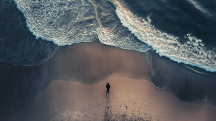 Aerial view of solitary person standing on beach as waves crash onto shore. Evening light casts long shadows creating a dramatic and serene scene - Powered by Adobe
